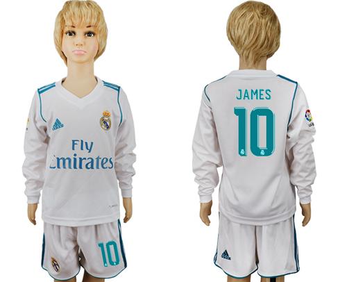 Real Madrid #10 James Home Long Sleeves Kid Soccer Club Jersey - Click Image to Close